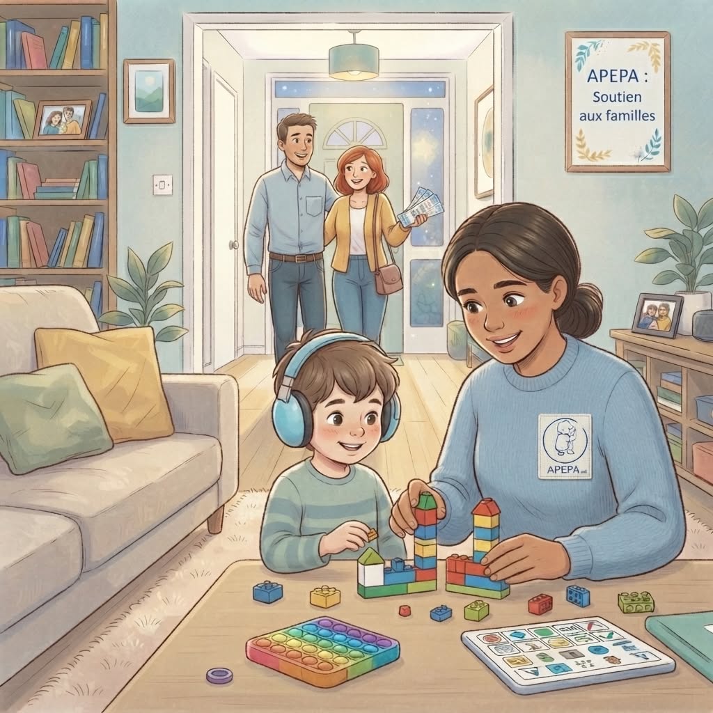 illustration répit Répit TSA : une volontaire joue avec un enfant tandis que ses parents s'apprêtent à sortir