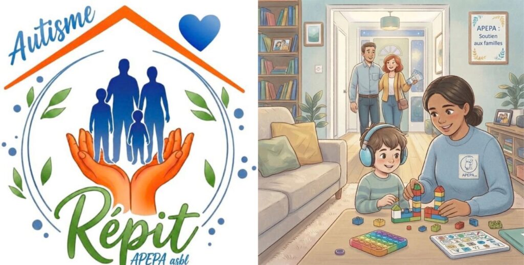 présentation du site internet du répit TSA à domicile : à gauche, le logo, à droite l'illustration d'une volontaire qui joue avec un petit garçon tandis que les parents s'apprêtent à sortir