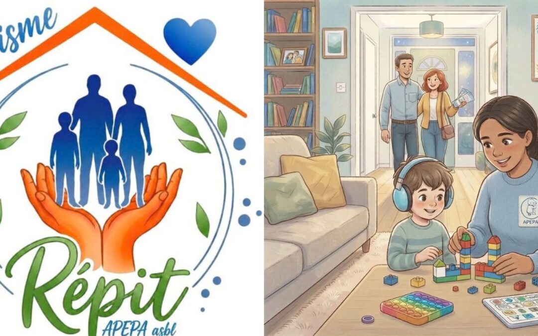 présentation du site internet du répit TSA à domicile : à gauche, le logo, à droite l'illustration d'une volontaire qui joue avec un petit garçon tandis que les parents s'apprêtent à sortir
